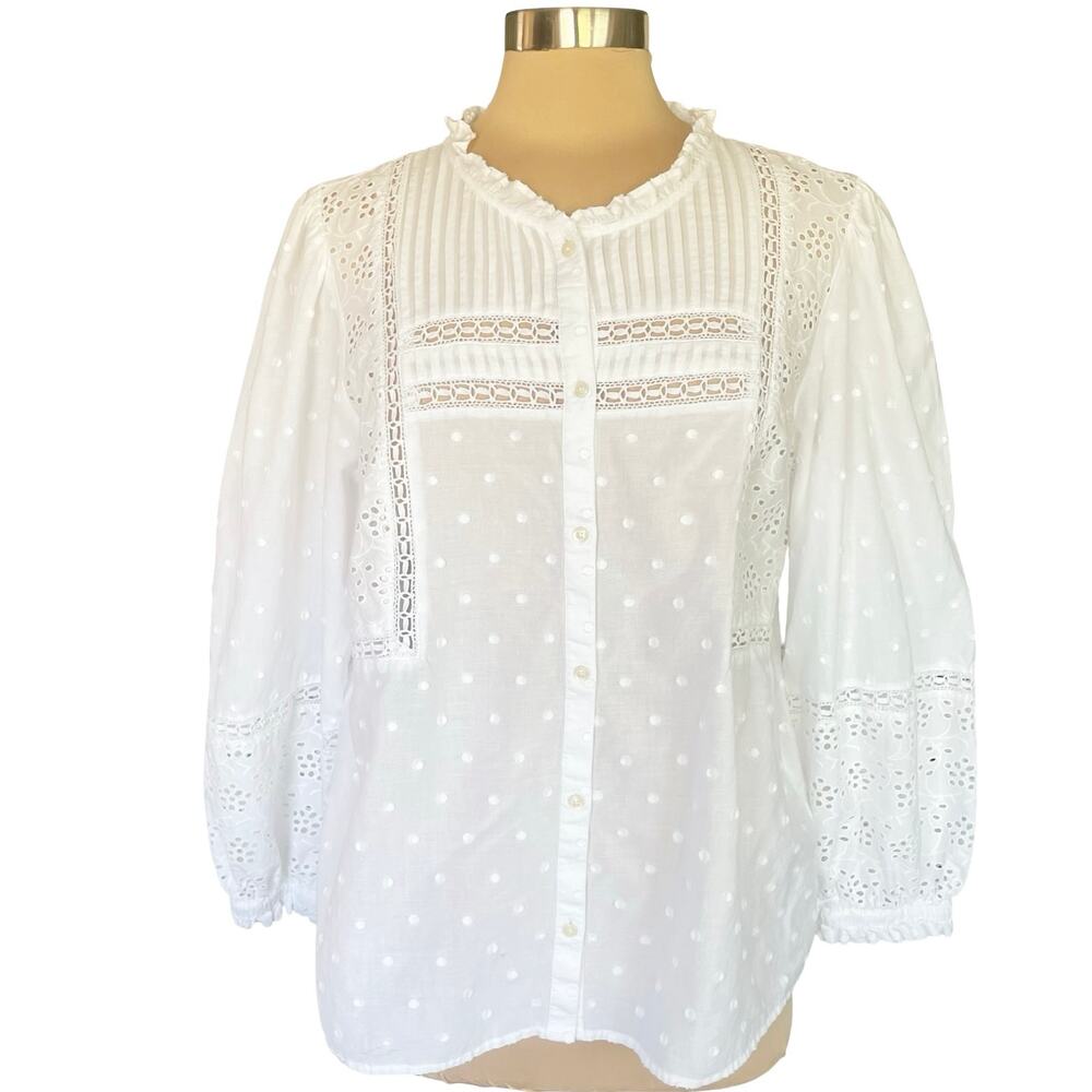 Vineyard Vines White Cotton Eyelet Button Up Top Cottagecore Boho Peasant Sz XL - Picture 2 of 12
